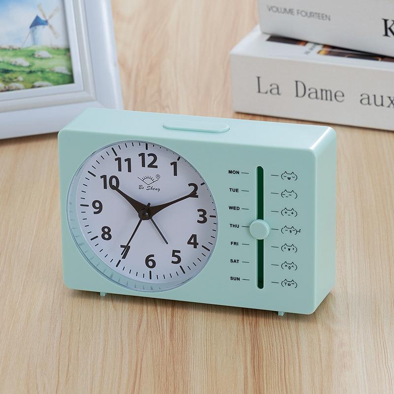 Small Alarm Clock Week Alarm Clock Square Quartz Table Clock Scanning Silent Pointer Clock Student Clock