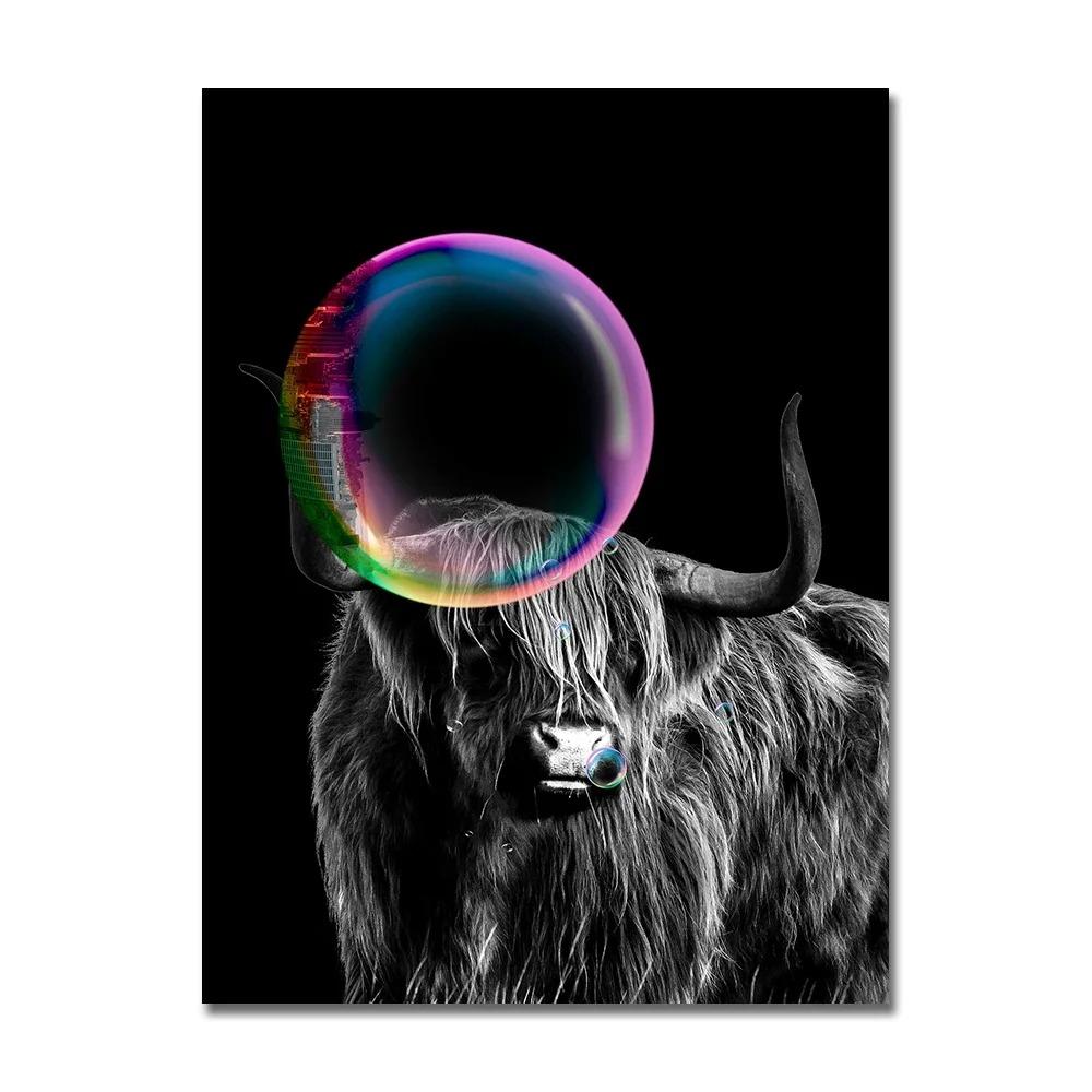 Black Cat with Colorful Bubbles Poster Cute Animal Giraffe Elephant Lion Posters and Prints Wall Arts Canvas Painting Home Decor
