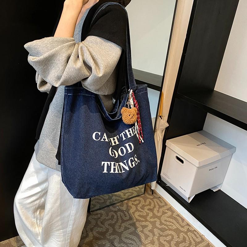 Retro Letter Denim Tote Bag - Large Capacity, Lazy Style Shoulder Bag
