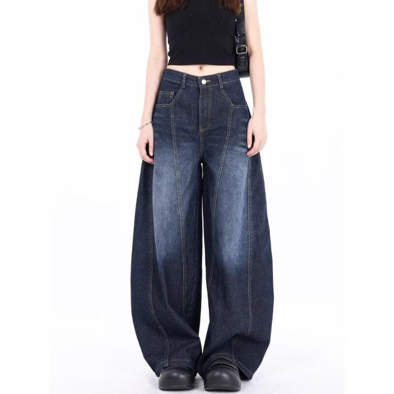 

Unisex Vintage Curved-Leg Jeans, Spring/Autumn, High Street Loose Wide-Leg Floor-Length Pants Extra Large синий