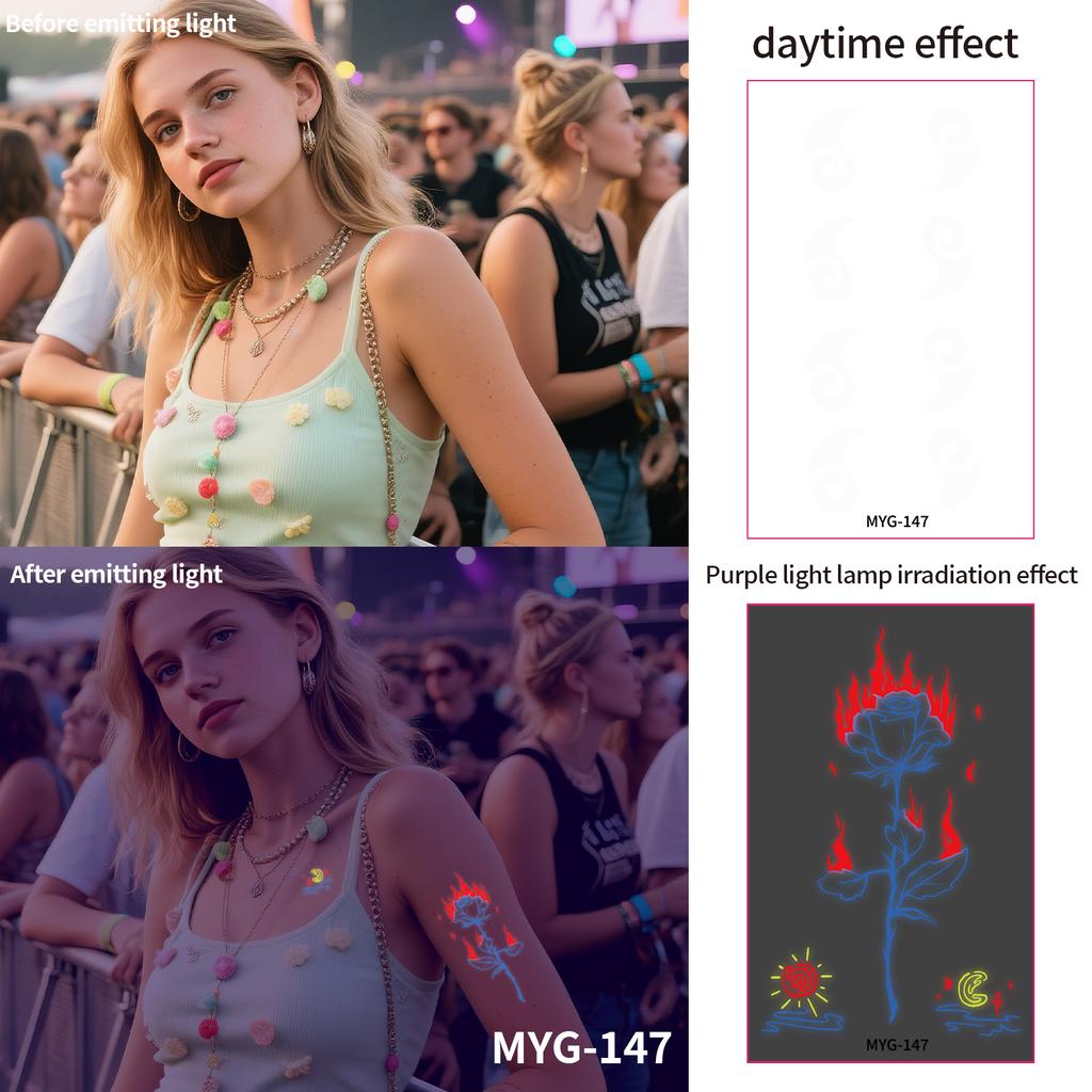 UV Reactive Water Transfer Temporary Tattoos Glow-in-the-Dark for Night Parties Sexy Style for Face Body Application Paper