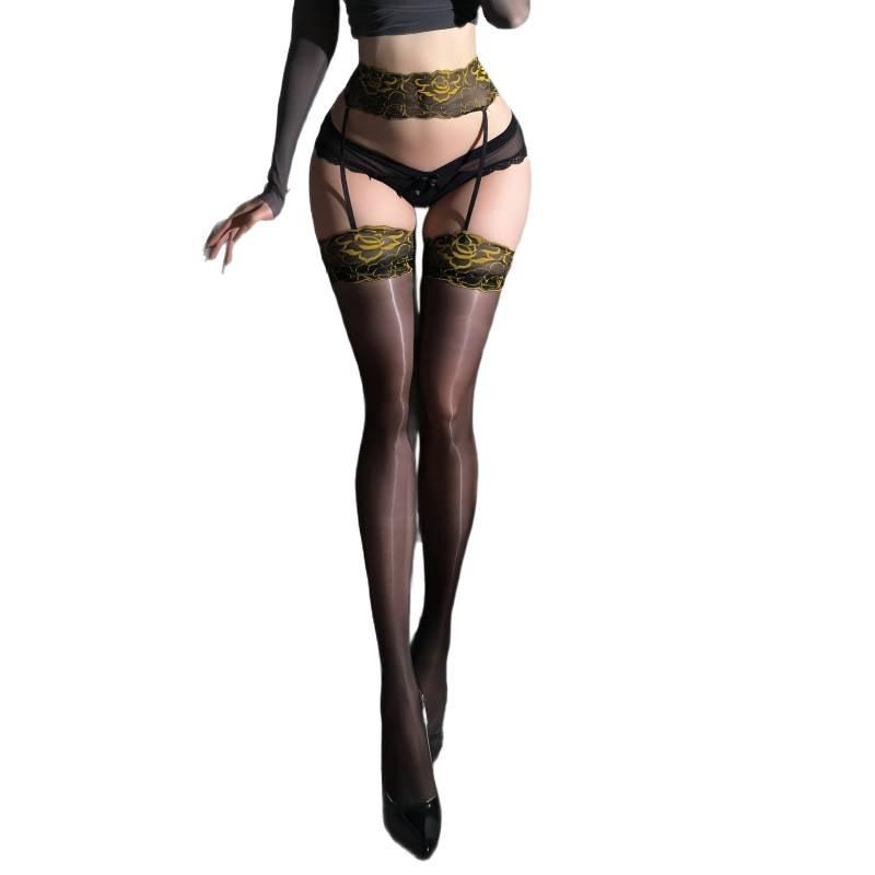 Camellia Two-Tone Lace Aurora Bodysuit with Ultra-Thin 0D Shiny Black Stockings