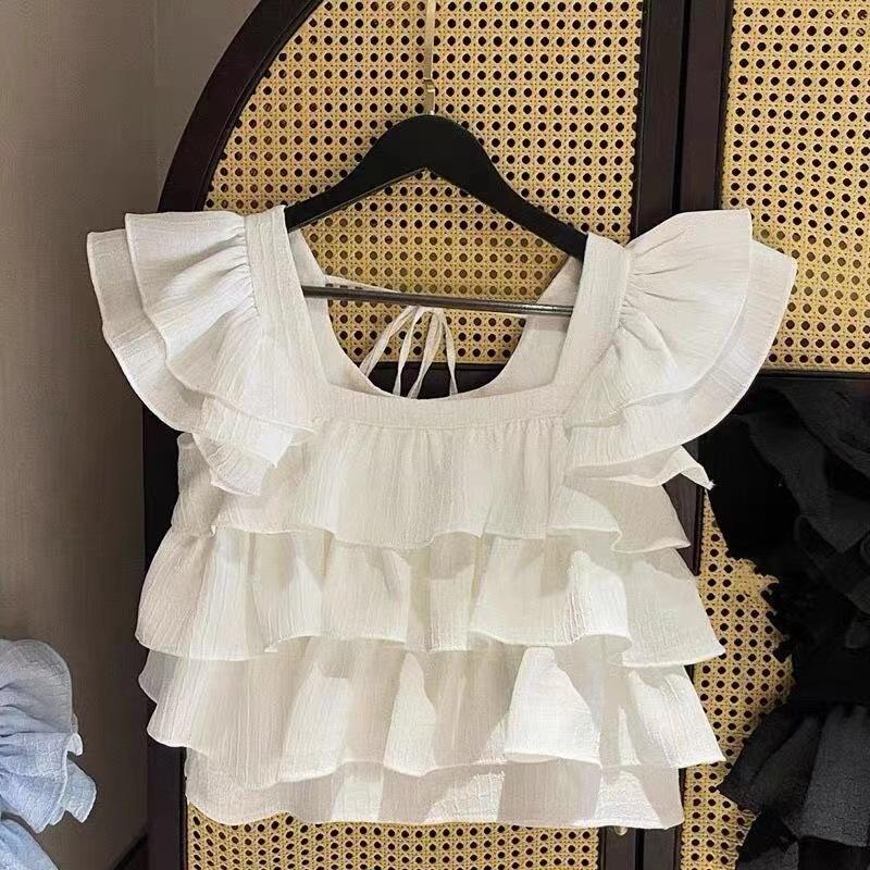 Girls' Summer Clothing New Style Solid Color Ruffled Sleeve Square-Neck Shirt Fashionable Vest For Older Children