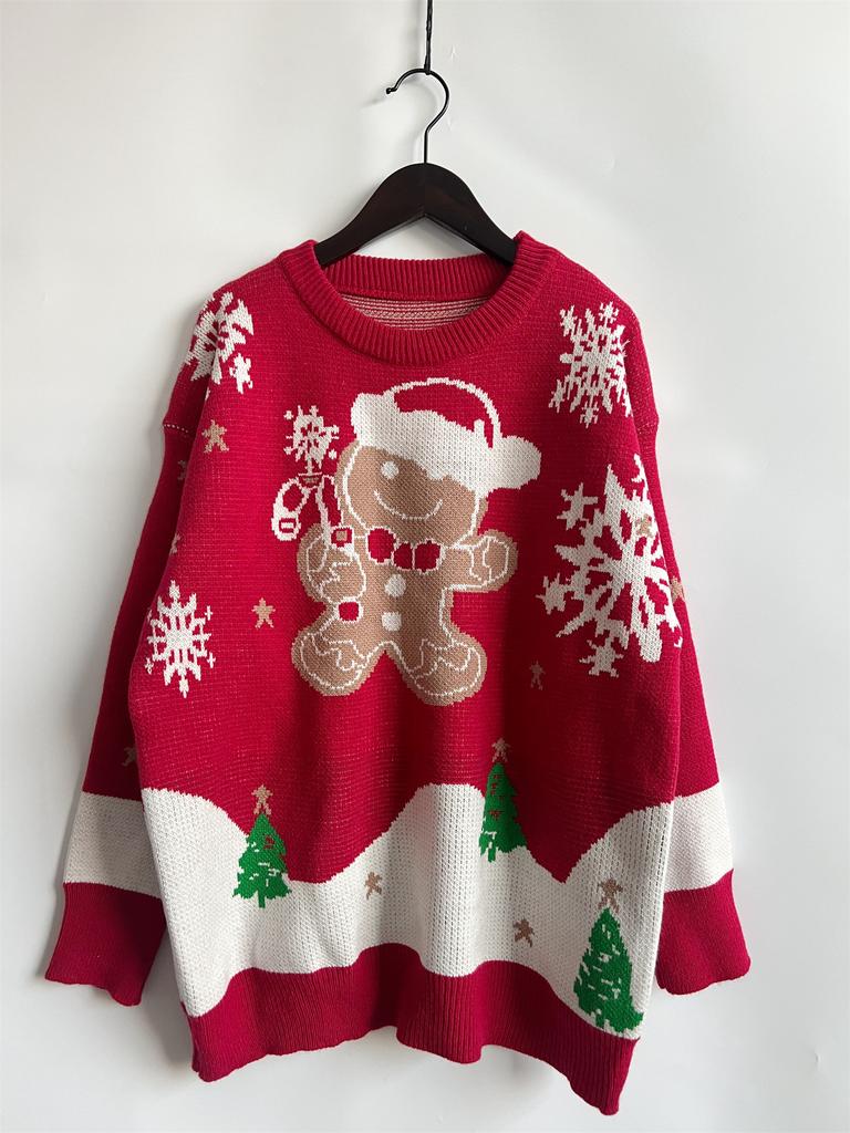 Christmas main picture cute snowman pattern round neck long sleeved knitted pullover sweater New Year sweater 3549 EMA