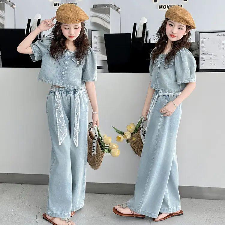 Summer Children Denim Set for Girls Outfits Baby Costumes Shirt & Pants 2pcs Tracksuit School Teenagers Kids Suit 7 9 12 Years