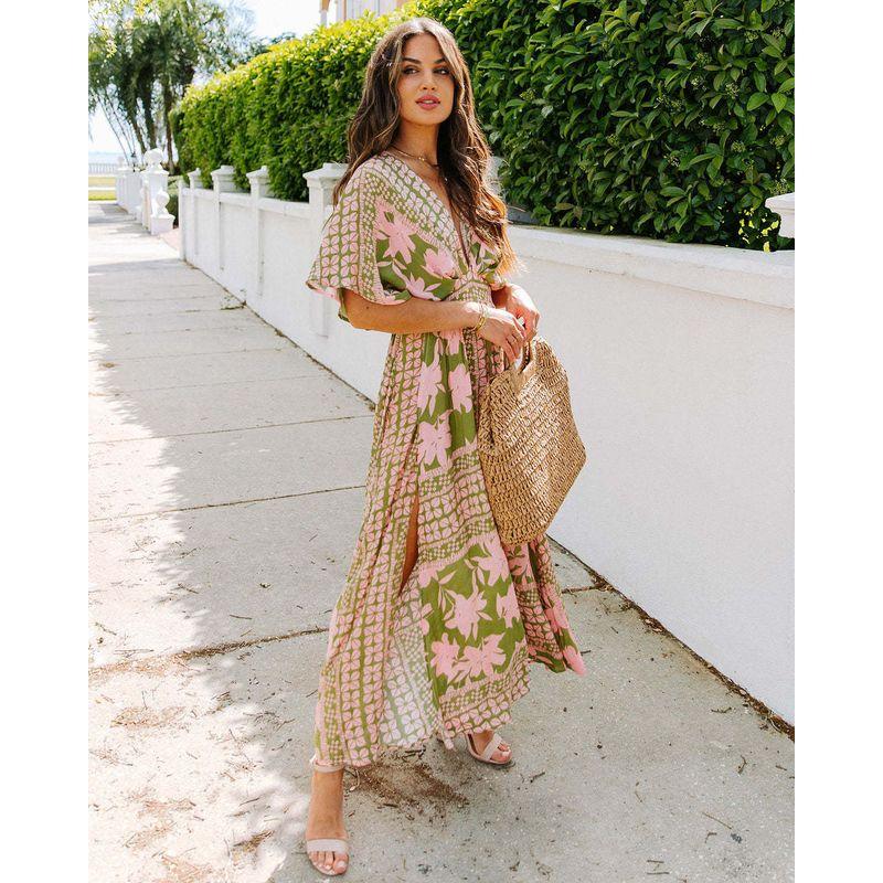 Printed Slim Dress2025 Summer European and American Women clothes New Sexy Fashion Print Split Dress