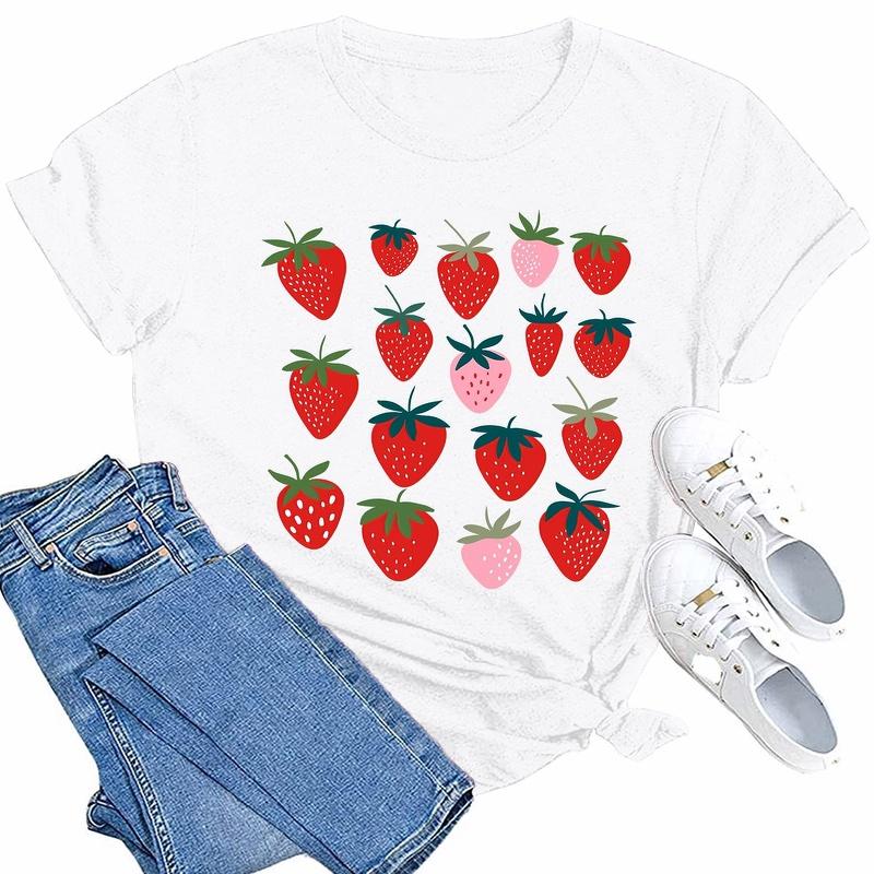Women's Strawberry Pattern Print Spring and Summer Cotton T-shirt Women's Casual Round Neck Short-sleeved Versatile Top