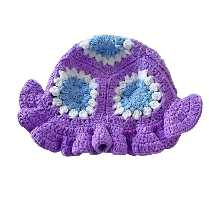 Hand Crochet Bucket Hat with Ruffled Edge Warm Fisherman Hat Ethnic Flower Hat Headwear for Women Winter Elegances