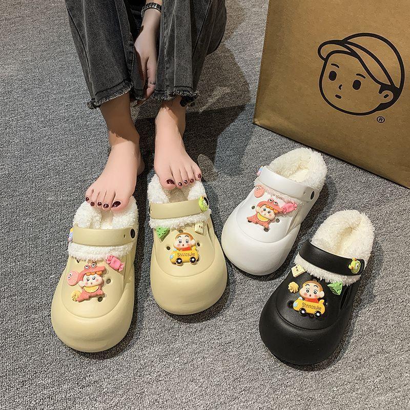 Thick-soled Shit-stepping Bag Head Cotton Slippers Cute Cartoon Crayons Small New Hole Shoes Fashionable Outer Wear 2025 Winter New Models