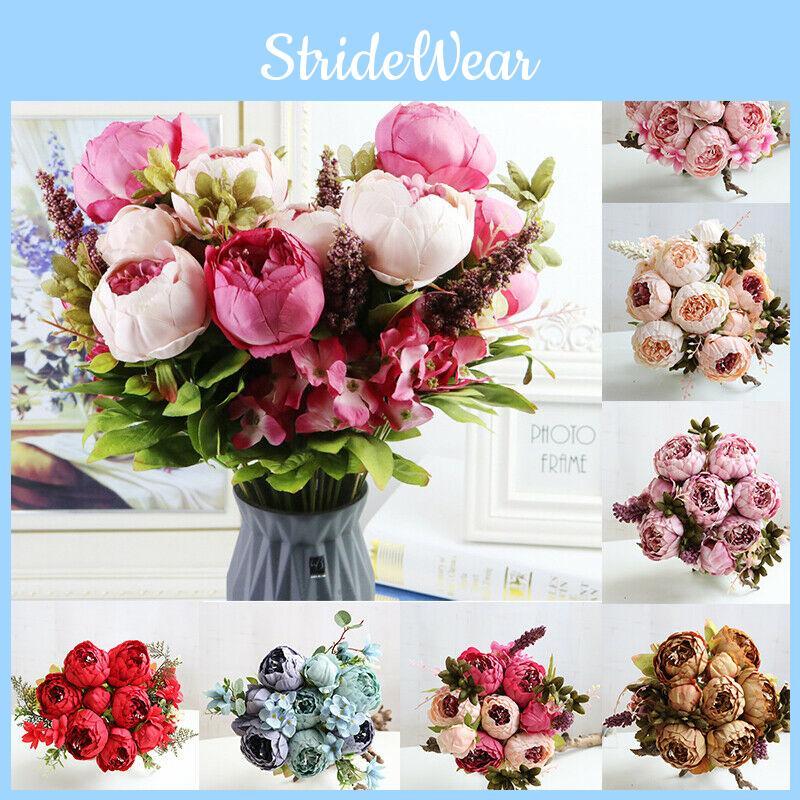 Artificial 8 Heads Silk Peony Fake Flowers Wedding Bouquet Home Decor Party