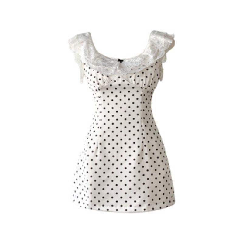 Elegant Woman Dress Sweet Lace Patchwork Polka Dot Satin Sleeveless Ruffles Square Collar Fashion Mini Dresses Party Sexy Ladies