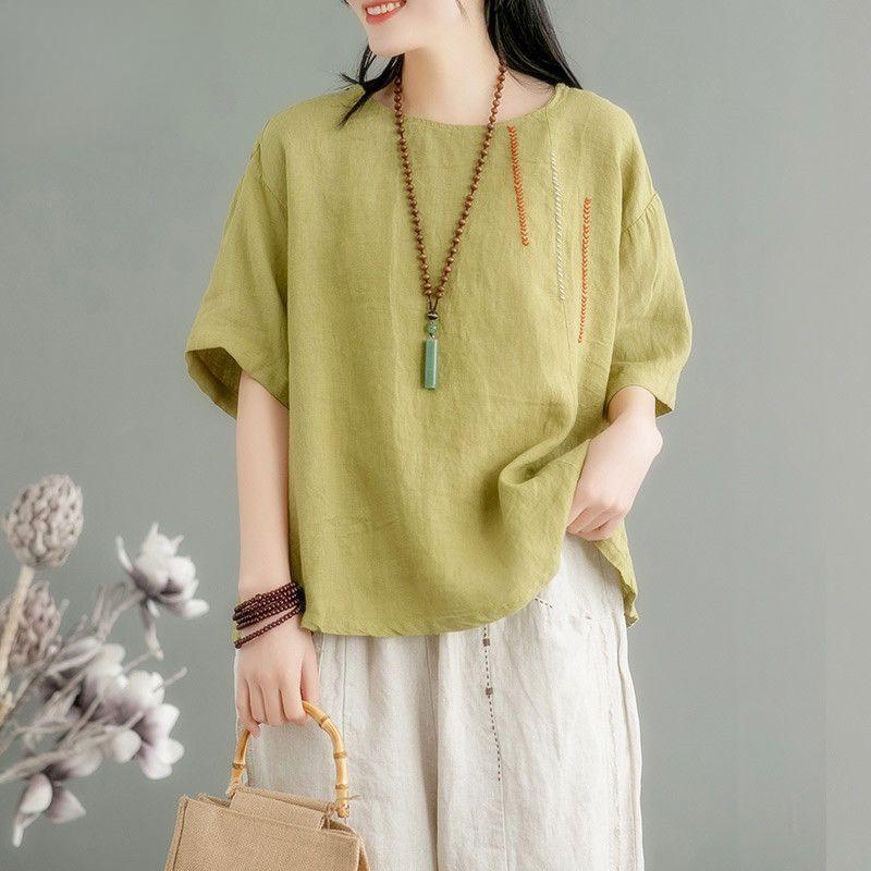 

Художественная ретро-блузка с короткими рукавами из хлопка и льна с вышивкой, круглый вырез, летняя свободная универсальная футболка большого размера, пуловер для женщин 2XL