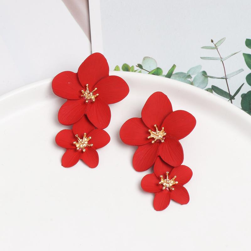 Double Flower Earrings Trendy Pink Flowers Studs Earrings For Women Wedding Party Jewelry Boho Metal Earrings Female