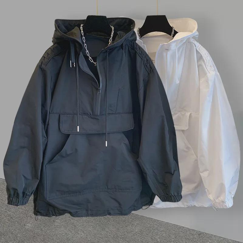 Trendy Unisex Patchwork Windbreaker: Stylish Loose Hooded Jacket for Couples