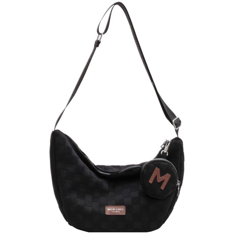 Canvas-Tasche für Damen Groß Modische Breitband-Umhängetasche Beliebte Frottee-Gitter-Nische Herbst und Winter Knödeltasche