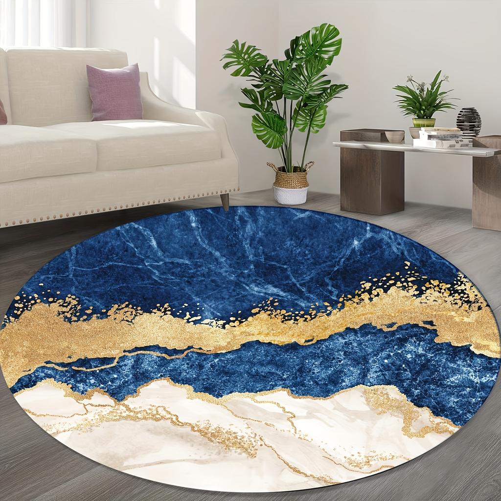 Luxurious Golden and Blue Marble Round Area Rug Non-Slip Soft Decorative Floor Mat for Living Room Bedroom Office Dining Room