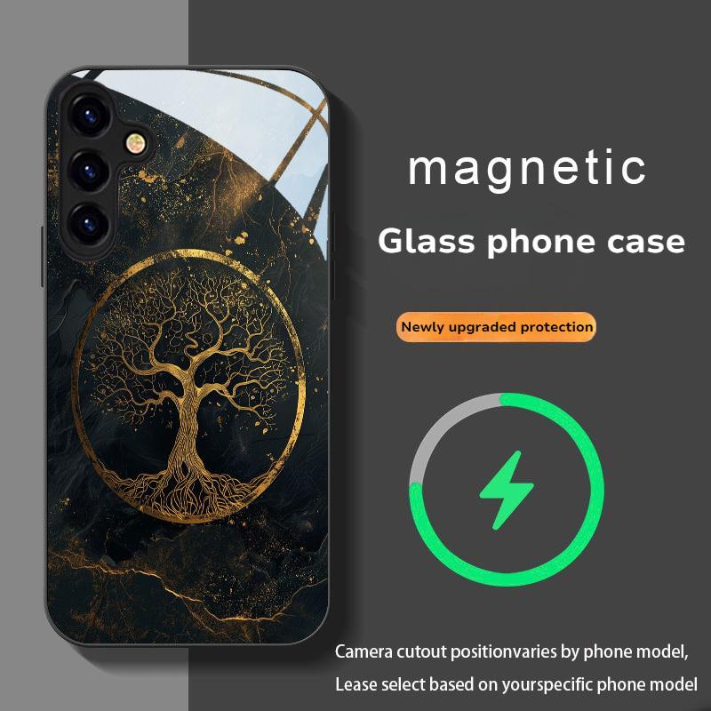 God Tree Pattern Magnetic Glass Phone Case Suitable for Samsung for Galaxy S26 S25 S24 S22 S21 S20 FE Ultra Plus 5G Anti Drop