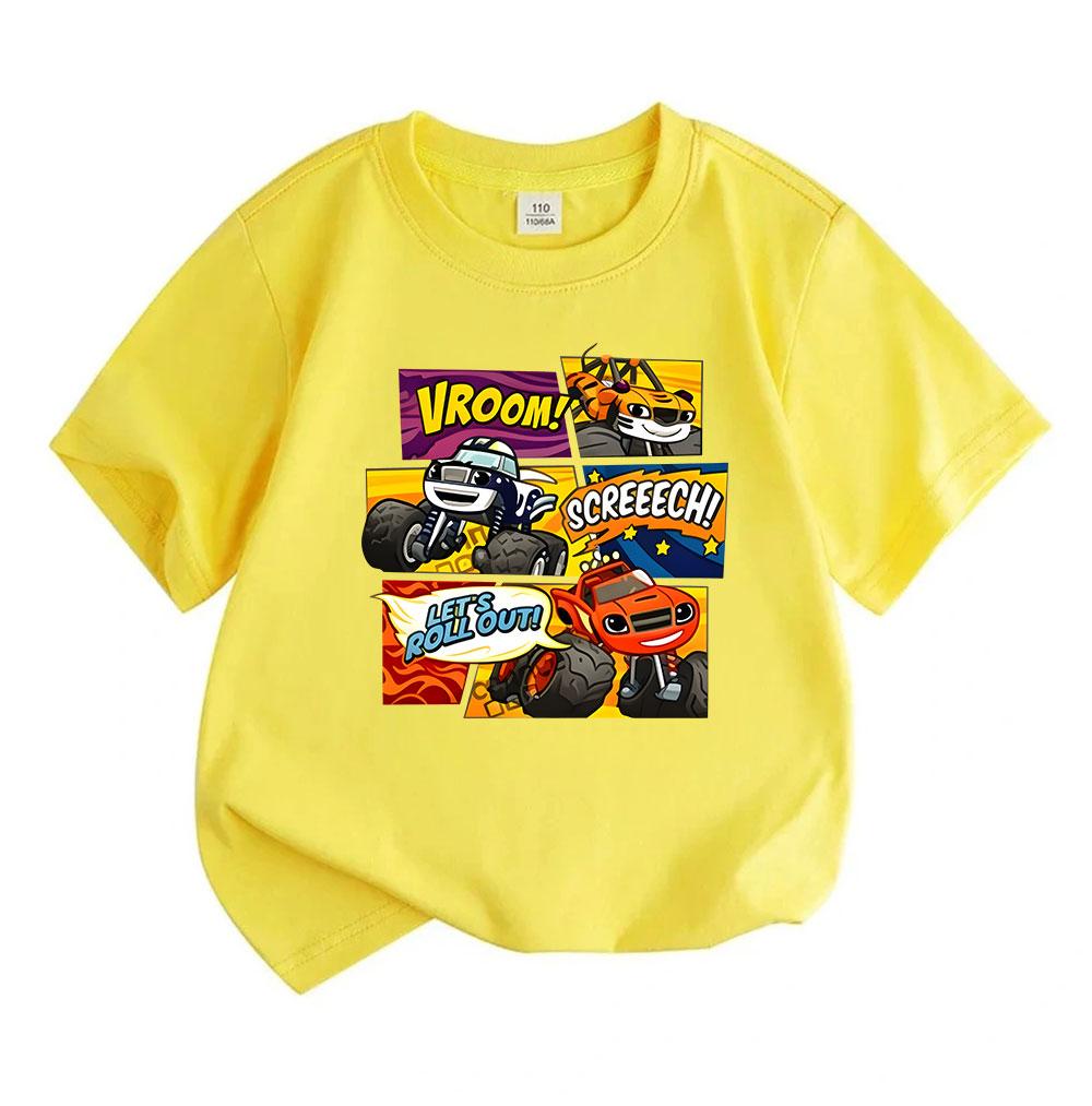 Kids Boys Girls 100% Cotton Short Sleeve Crew Neck T-Shirt, Cartoon Monster Truck Vroom Print Casual Tees for Children, Racing Vehicle Graphic Cute Su