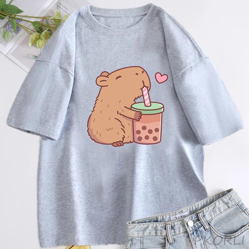 Cute Capybara Loves Bubble Tea T Shirt for Women Cotton Short Sleeve Cartoon Graphic T Shirts Summer Short Sleeve Tee Clothes