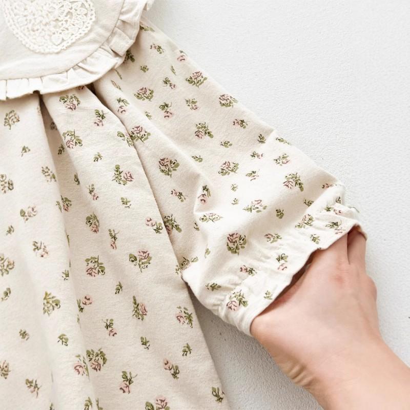 Girls Long Sleeve Dress Floral Print Lace Collar Sweet Princess Style