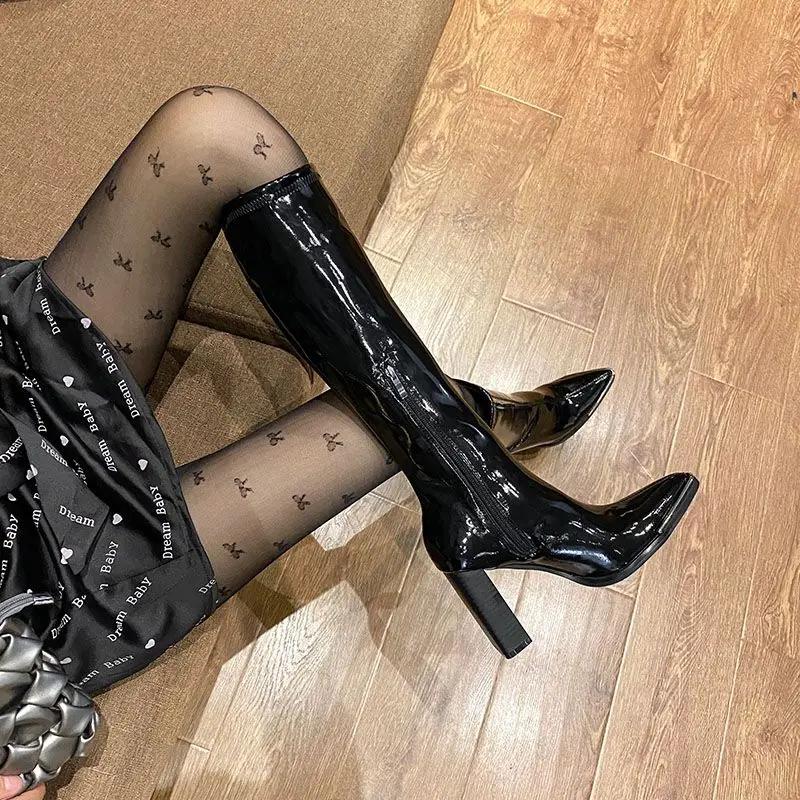 Women's Boots Long Footwear Winter Knee High Shaft Shoes for Woman Very Heel Square Toe Black Novelty Work Fashion New Rock