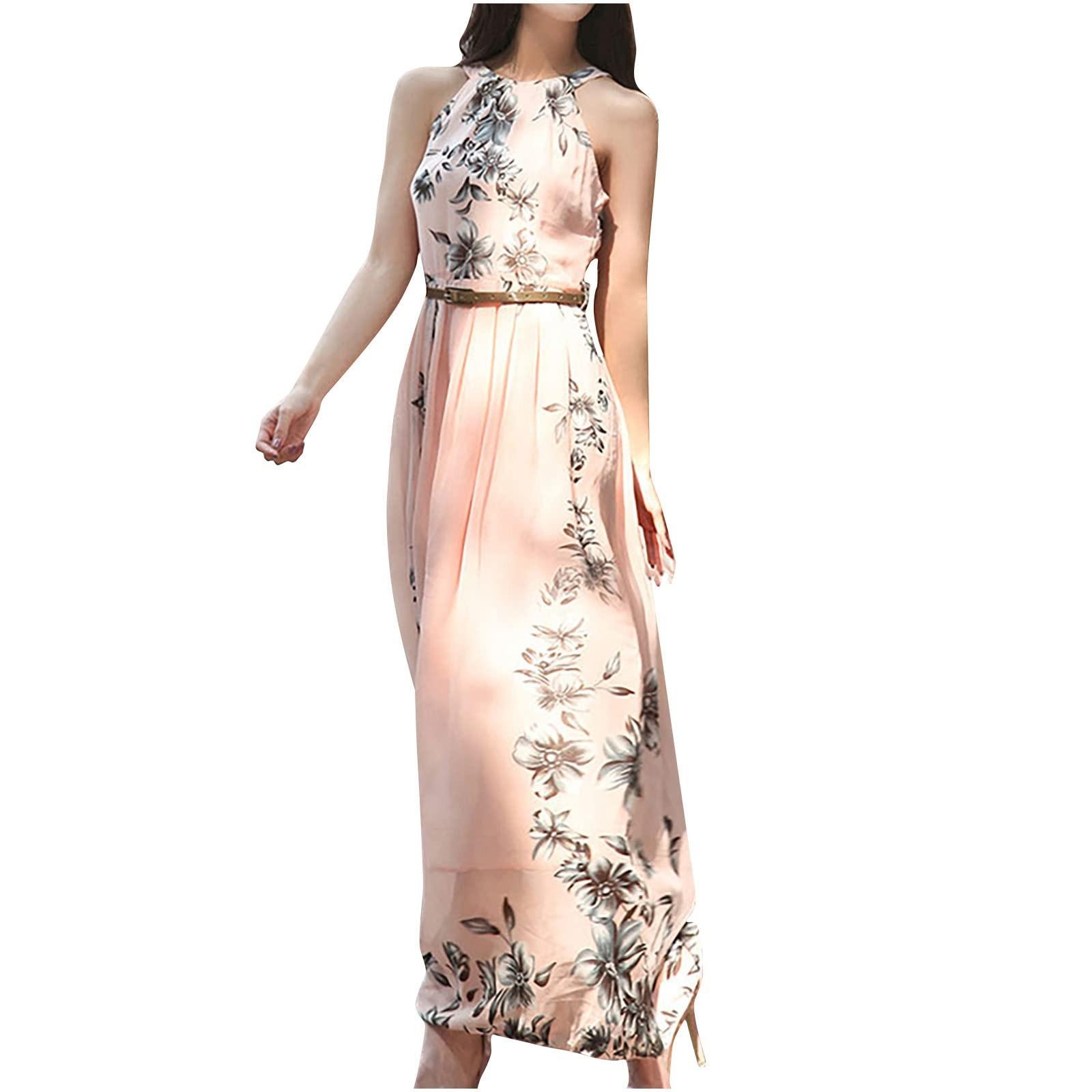 

Жіноча літня модна літня довга сукня без рукавів із принтом із сексуальним вирізом XXL рожевий