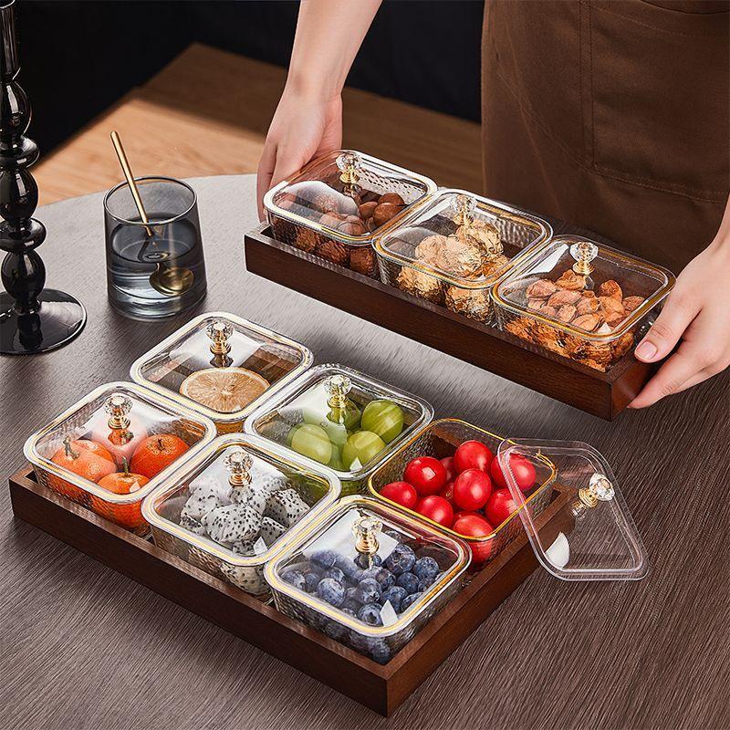 Walnut Luxury Glass Fruit Plate with Lid: Snack, Candy, and Dried Fruit Box for Living Room