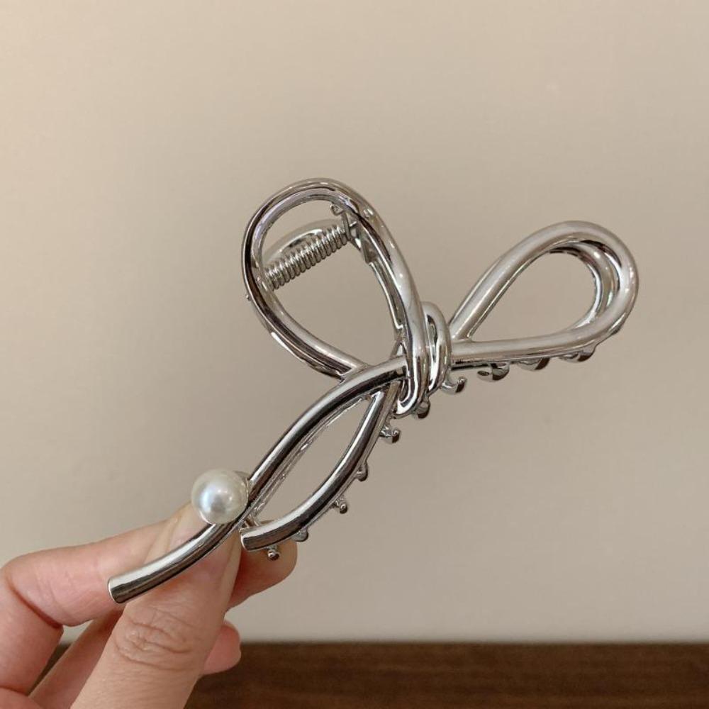 1pc Fashion Elegant Bow Shaped Metallic Hair Claw Pearl Accent Designs Perfect for Sweet Daily Looks Romantic Styles Accessories
