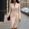 Women's Blazer Dress Lapel V Neck Long Sleeve Solid Color Button Decor Slim Fit Irregular Midi Dress 2026 Autumn Business Casual Wear