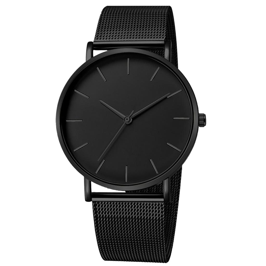 Trendy Minimalist Men’s Watch Modern Black Mesh Band Quartz Watch Chic Gold Accent Matte Black Face Slim Round Case Wristwatch