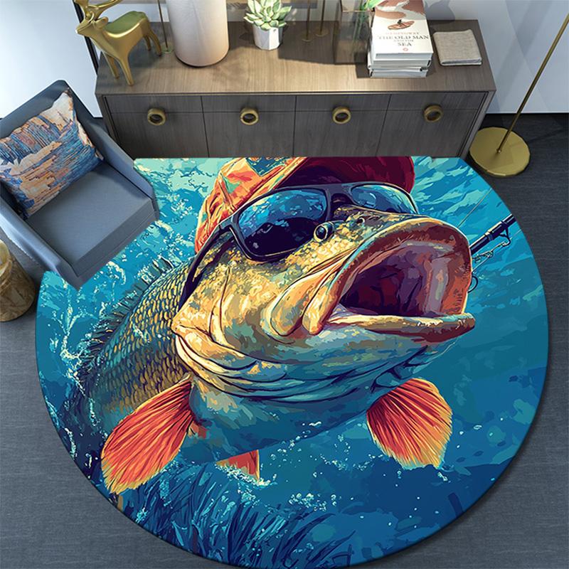 Bass Fish Round Area Rug,Carpet Rug for Living Room Bedroom Sofa Playroom Decor,Non-slip Floor Mat