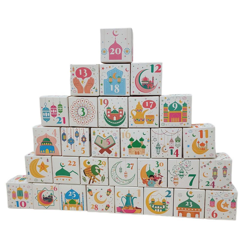 30Pcs Eid Mubarak Candy Gift Box Ramadan Kareem Advent Calendar Decoration Paper Candy Boxes Muslim Islamic Home Party Supplies