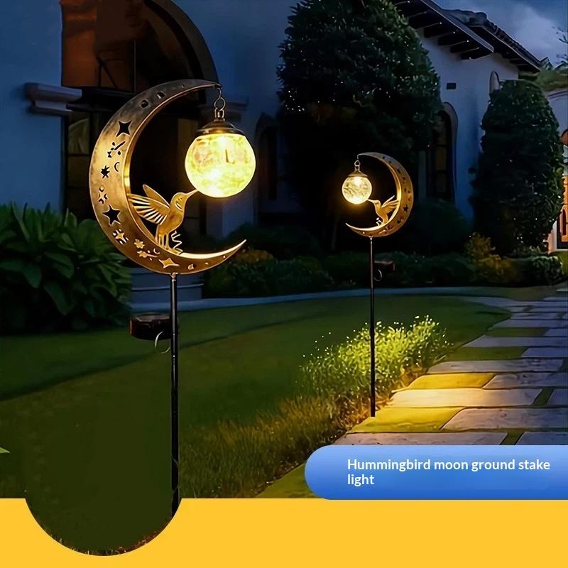 Solar Lawn Stake Light Glass Moon Hummingbird Pattern Soft Glow Outdoor Lamp for Courtyard Landscape Decor