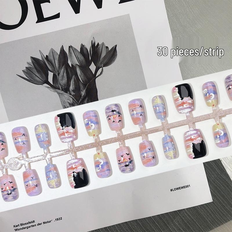 

Котенок на закате, 3D накладные ногти, нишевый стиль масляной живописи, белый и фиолетовый омбре YM058-M Sunset Kitten [Full M-Size]