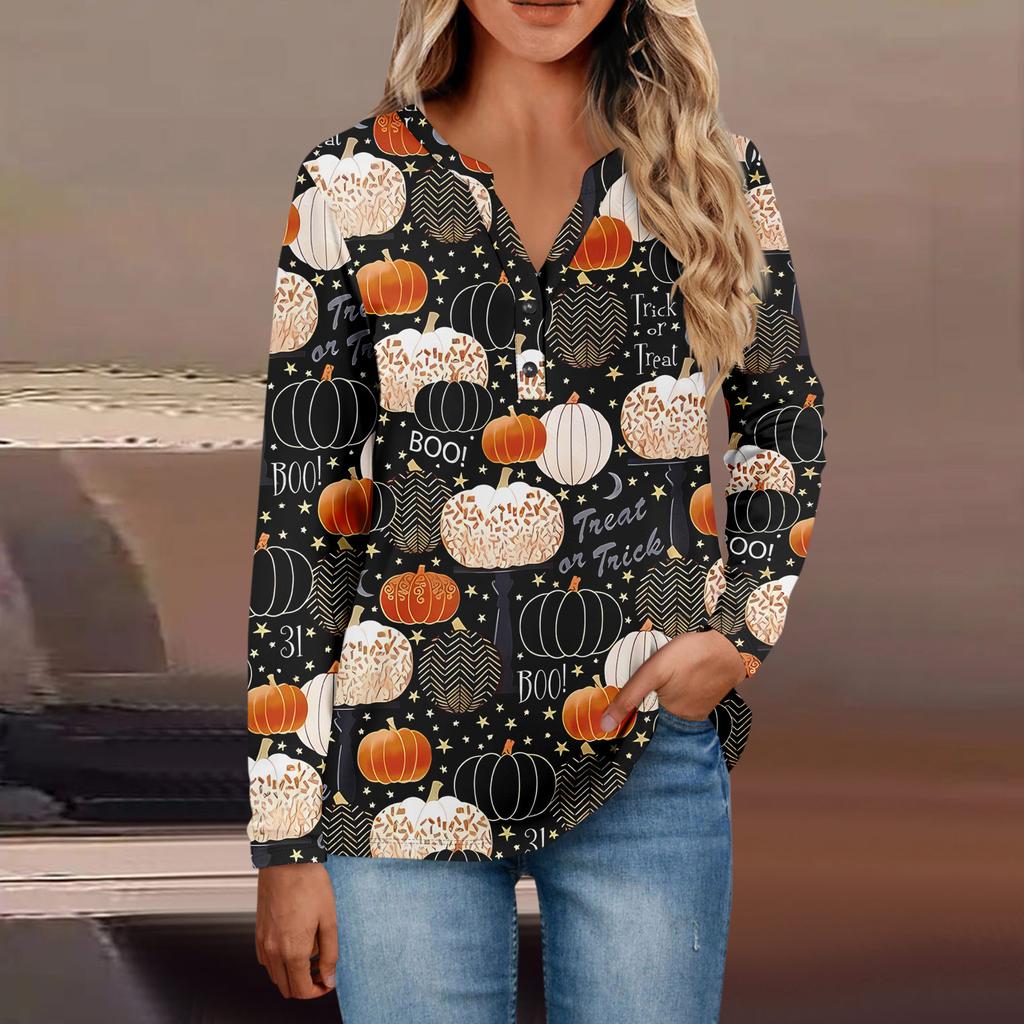 Damen-Oberteile mit Knopfleiste, lässige Oberteile für jeden Tag, langärmelig, V-Ausschnitt, modisches Print-Shirt, Tops, T-Shirt mit Tasche, Sweatshirts