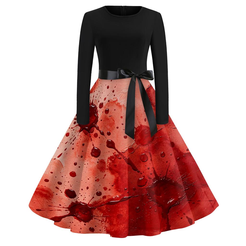 Women's Retro Halloween Print Long Sleeve Neck Casual Dress for Fall Party