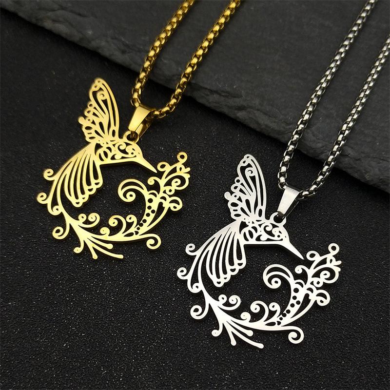 Flower of Life Hummingbird Stainless Steel Pendant Necklace for Women Men Animal Birds Chain Jewelry Accessory