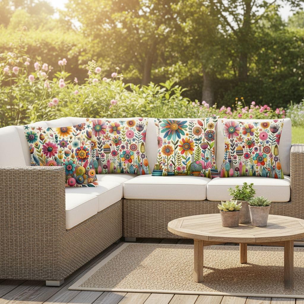 4Pcs Colorful Hand Drawn Flower Art Printed Pillow Cover Polyester Cushion Case 2D Flat Printing Pillowcase Boho Fun Vibe