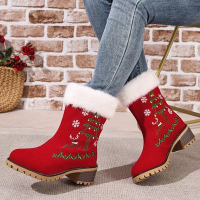 Damen Rote Weihnachts-Schnee-Stiefel, Runde Zehenpartie Plateau Klobiger Absatz Knöchel-Stiefel, Plüschgefütterte Warme Winter-Booties