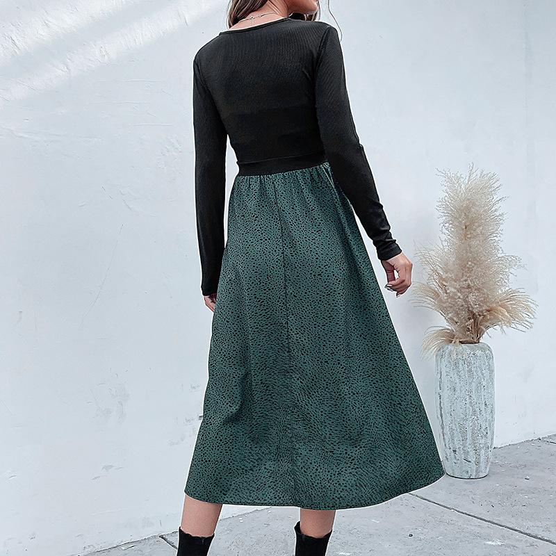 YYFS Női Divat Tavasz Ősz Pöttyös Nyomtatás Hosszú Ujjú V-nyakú Magas Derék Alkalmi Ruhák