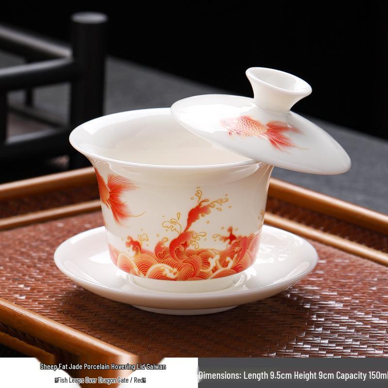 Sheep Fat Jade Porcelain Rotating Gaiwan High-End Ceramic Gongfu Tea Set