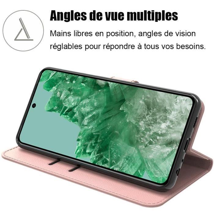 Coque intégrale pour google pixel 8 pro, flip case en cuir pu rose antichoc anti-rayures