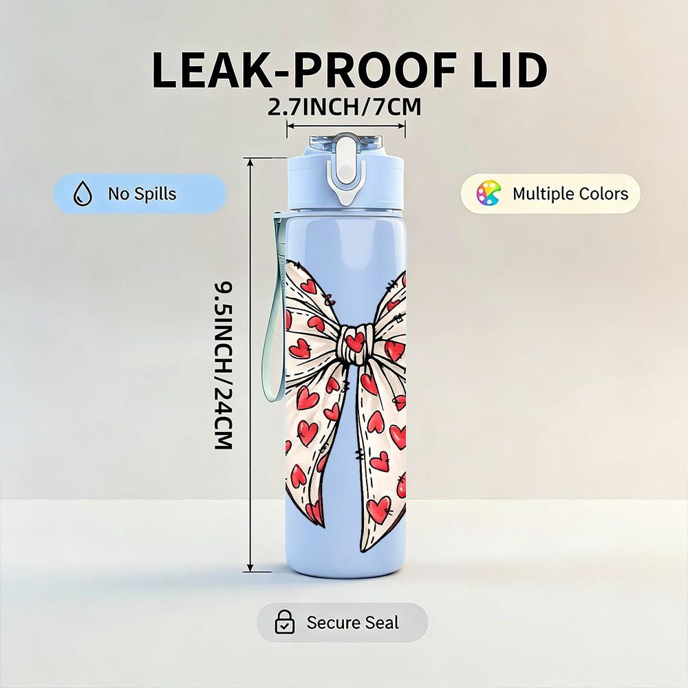 1PC Red Polka Dot Bow Ribbon Print 750ml Color Plastic Sports Water Bottle Leakproof Flip Straw Lid Suitable for Sports Office Home Use
