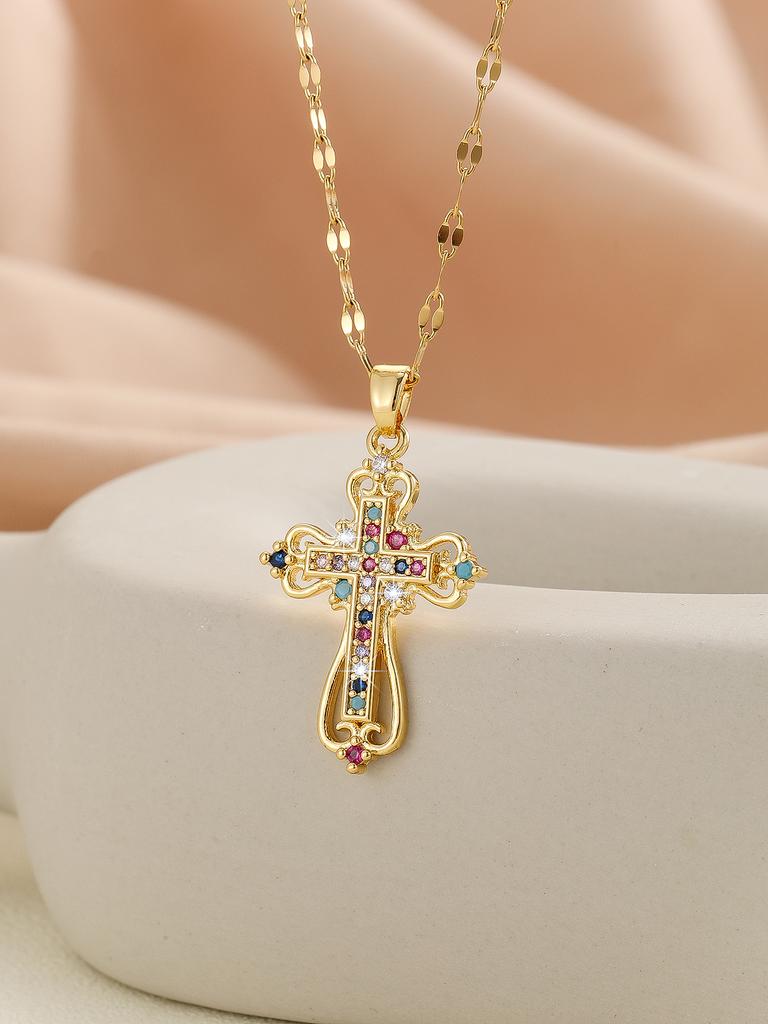 European and American Fashion Personality Women's Micro Inlaid Colored Zircon Double Layer Cross Hollow Stripe Necklace