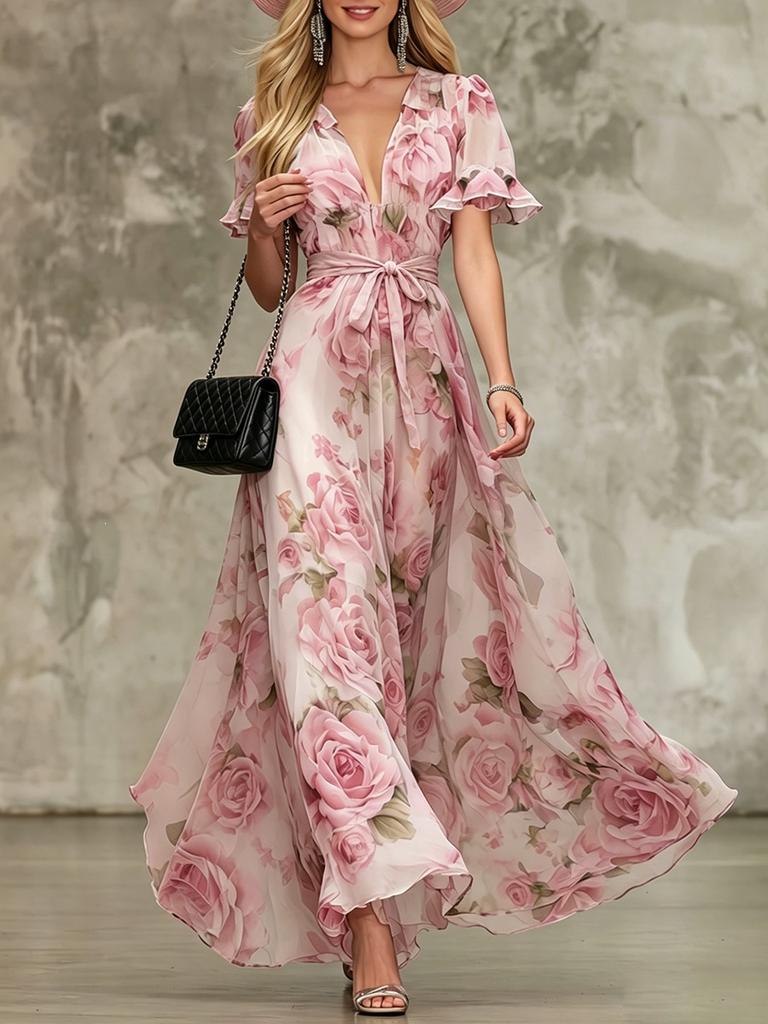 European and American Summer Elegant and Sexy Deep V-neck Lotus Leaf Sleeve Bohemian Print Dress