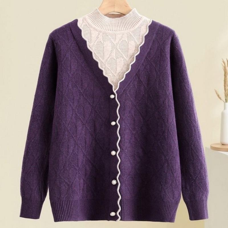 Chinese women's clothing new fake two-piece sweater top short knitted sweater mother autumn clothing middle-aged and elderly bottoming shirt
