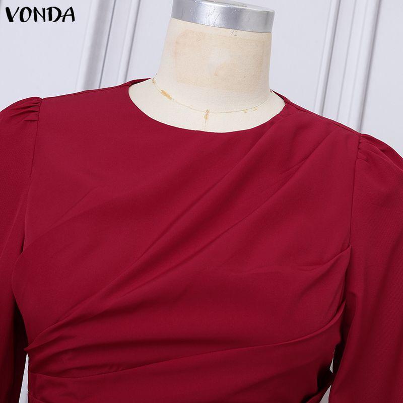 VONDA Elegant Women Casual  Round Neck Long Sleeve Front Pleated Long Swing Dress