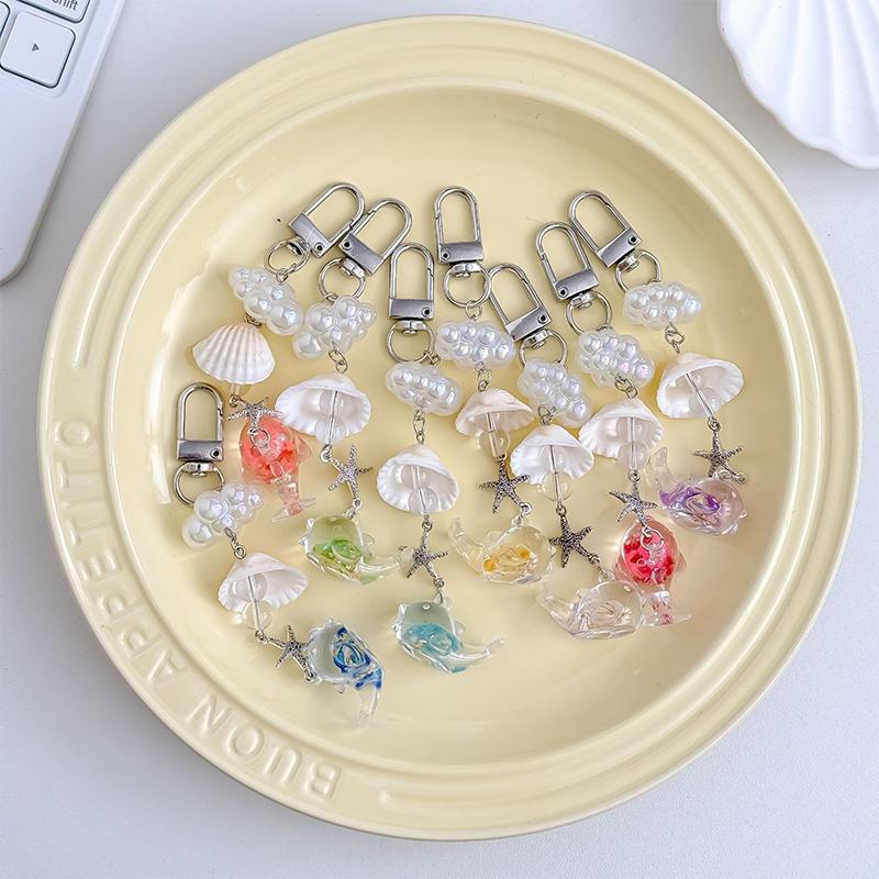 Stylish Shells And Pearls Pendant Keychain Ocean Pentagram Phone Strap Charm Cute Beaded Cell Phone Strap Bag Keychain