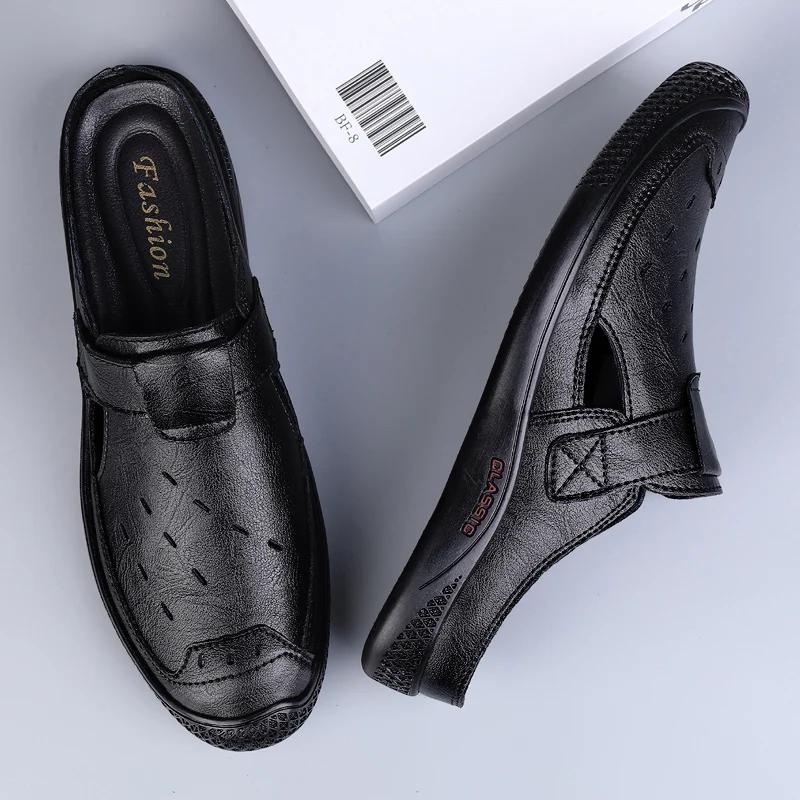 Pánské letní módní ručně šité ležérní sandály z hovězí kůže, prodyšné poloviční mokasíny, kožené pohodlné ploché poloviční mokasíny