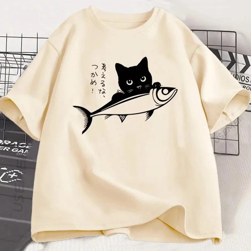 ZX Tee Black Cat T Shirt Women Cat Lover Tshirt Japanese Streetwear Fish T-Shirt Funny Kawaii Cat Owner Tshirt Women Short Sleeve